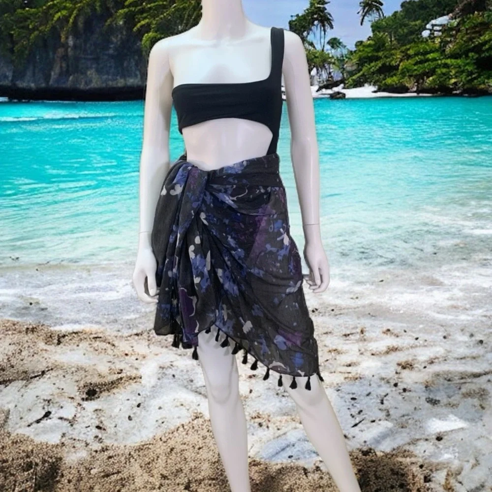 Peter Som Dream Floral Print beach fringe Sarong in Meteorite Black Blue
